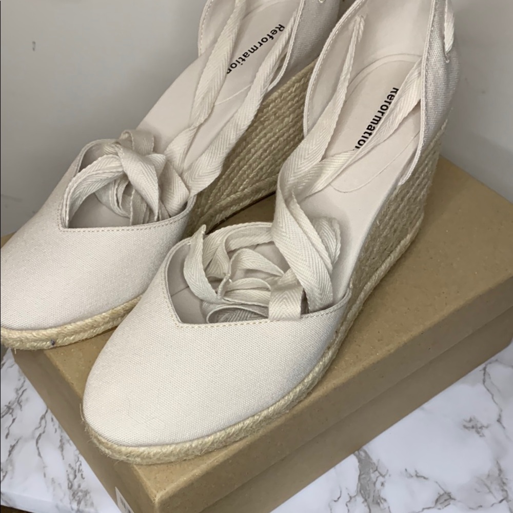 Reformation Cream Espadrille Wedge heels with Ankle Strap